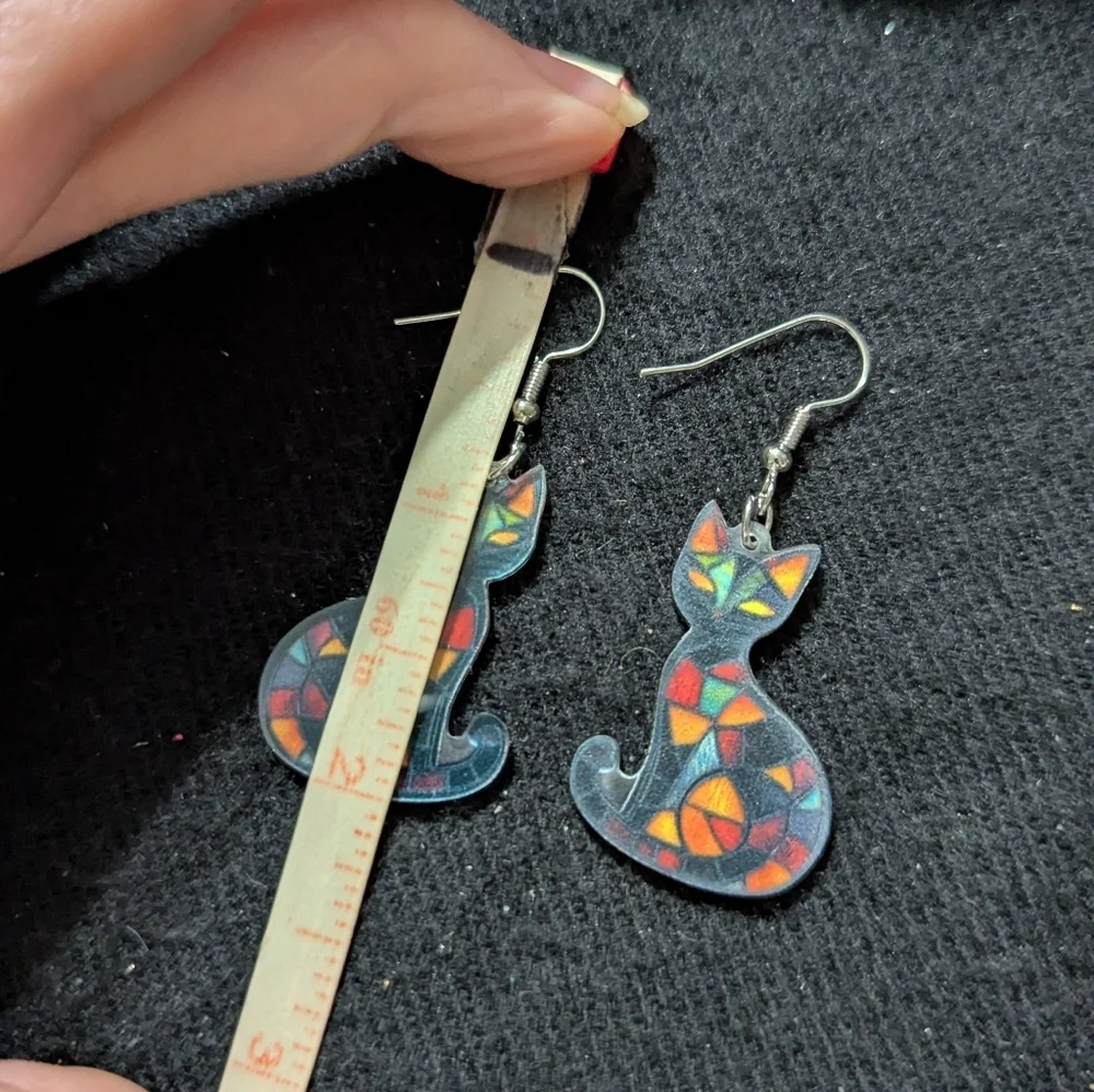 Silver Tone Black Red Yellow Acrylic Stained Glass Style Cat Statement Earrings